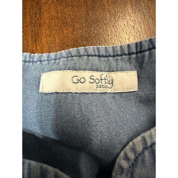 Go Softly Patio Denim Floral Embroidered Dress Women L Grandma Grunge Comfy Flaw - Picture 2 of 10